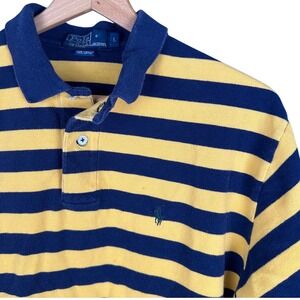 Polo Ralph Lauren Mens Large Striped Polo Shirt Yellow Navy Blue Short Sleeve